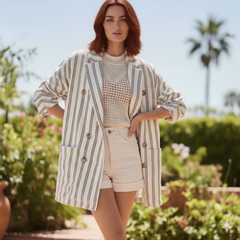 Anthropologie Plicro Blazer Womens XS White Black Striped Linen Double Breasted‎